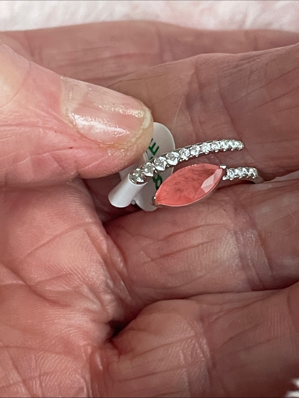 Watermelon Calcite & Quartz Marquise Gemstone & Pavé Band 925 SS - Size 8